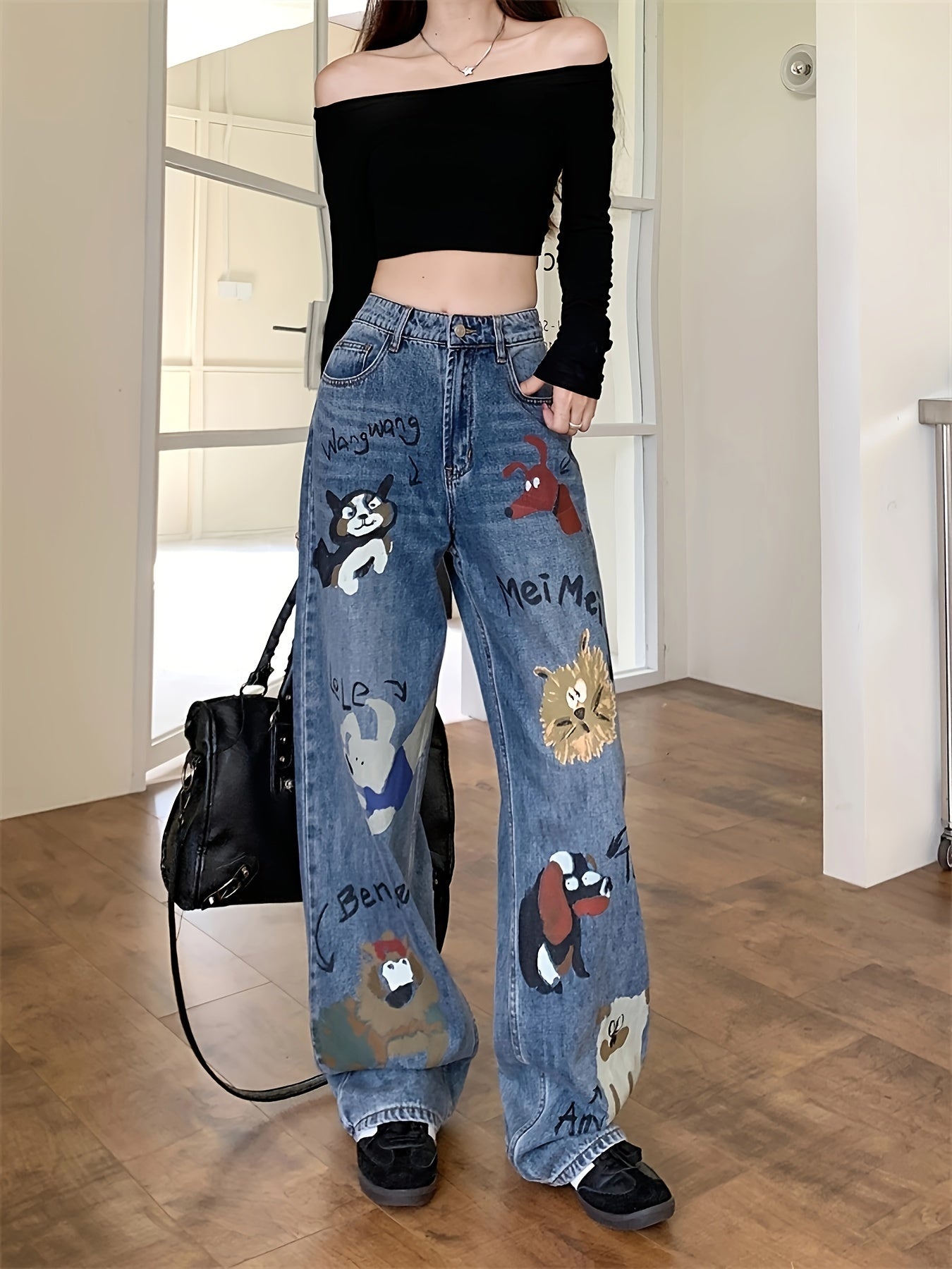 Chic Cartoon Print High-Waist Straight-Leg Jeans 👖✨