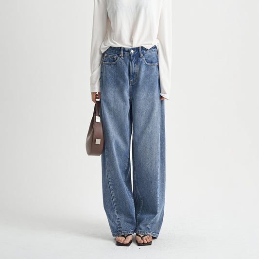 Blue Washed Loose Jeans High-end Women's Trousers High-grade