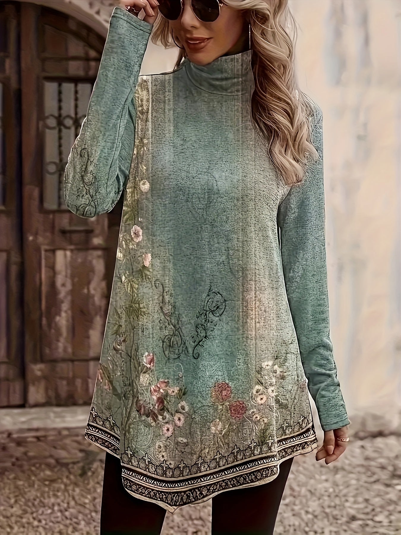 Floral Print Mock Neck Asymmetrical T-Shirt