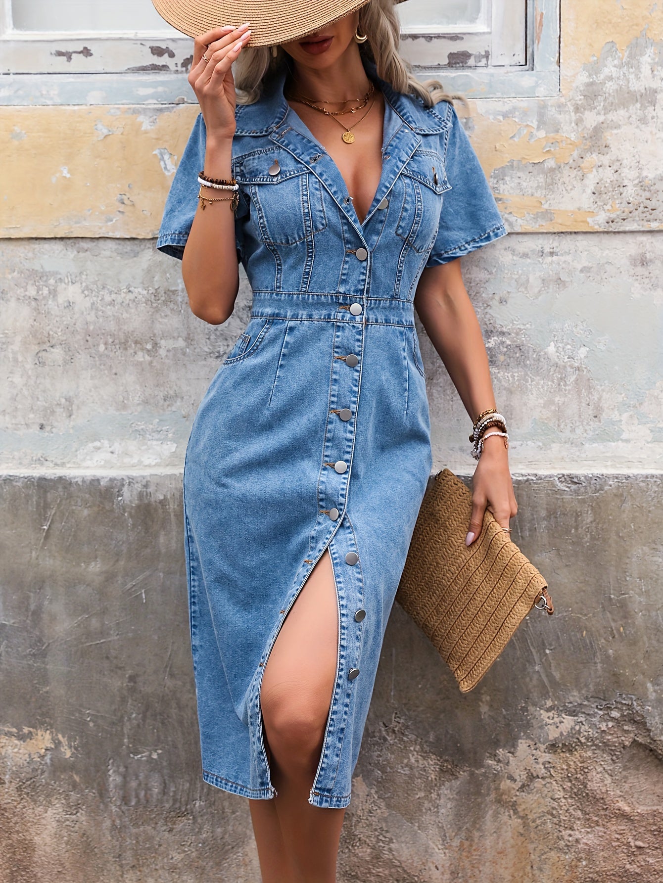 👗 "Denim Dream" Short Sleeve Midi Dress 🌟