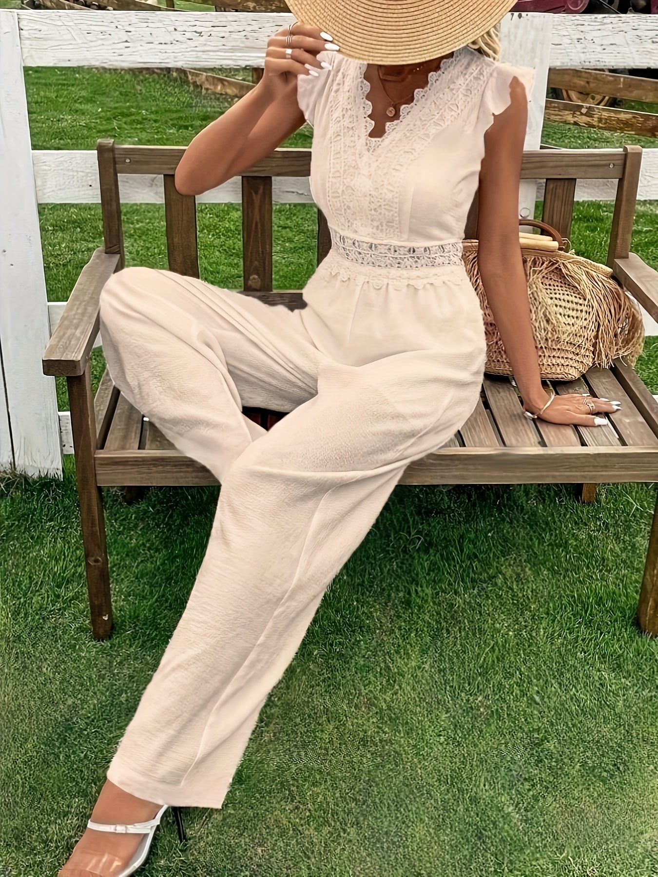 Lace Solid Wide Leg Jumpsuit