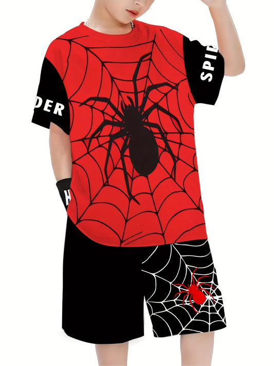 🕷️ Spider & Web Print 2-Piece Street Style Set – Cool Short Sleeve T-Shirt & Shorts for Boys 🌟