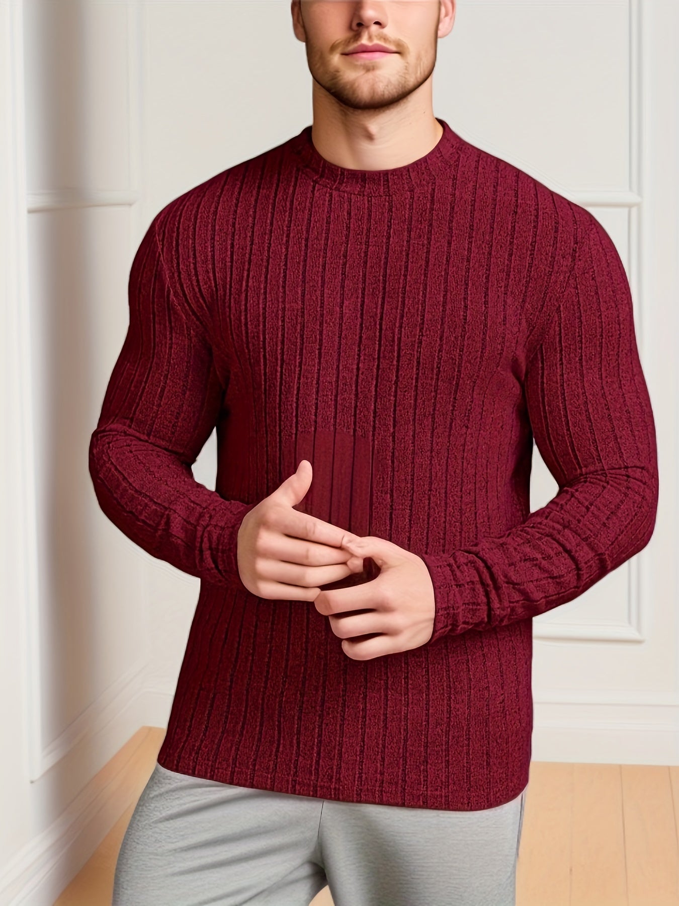 👕 Men's Solid Ribbed Crew Neck Long Sleeve Active T-Shirt 🌿