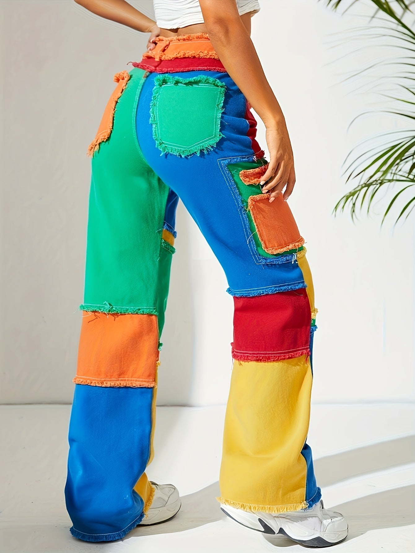 Color Block Raw Trim Straight Jeans