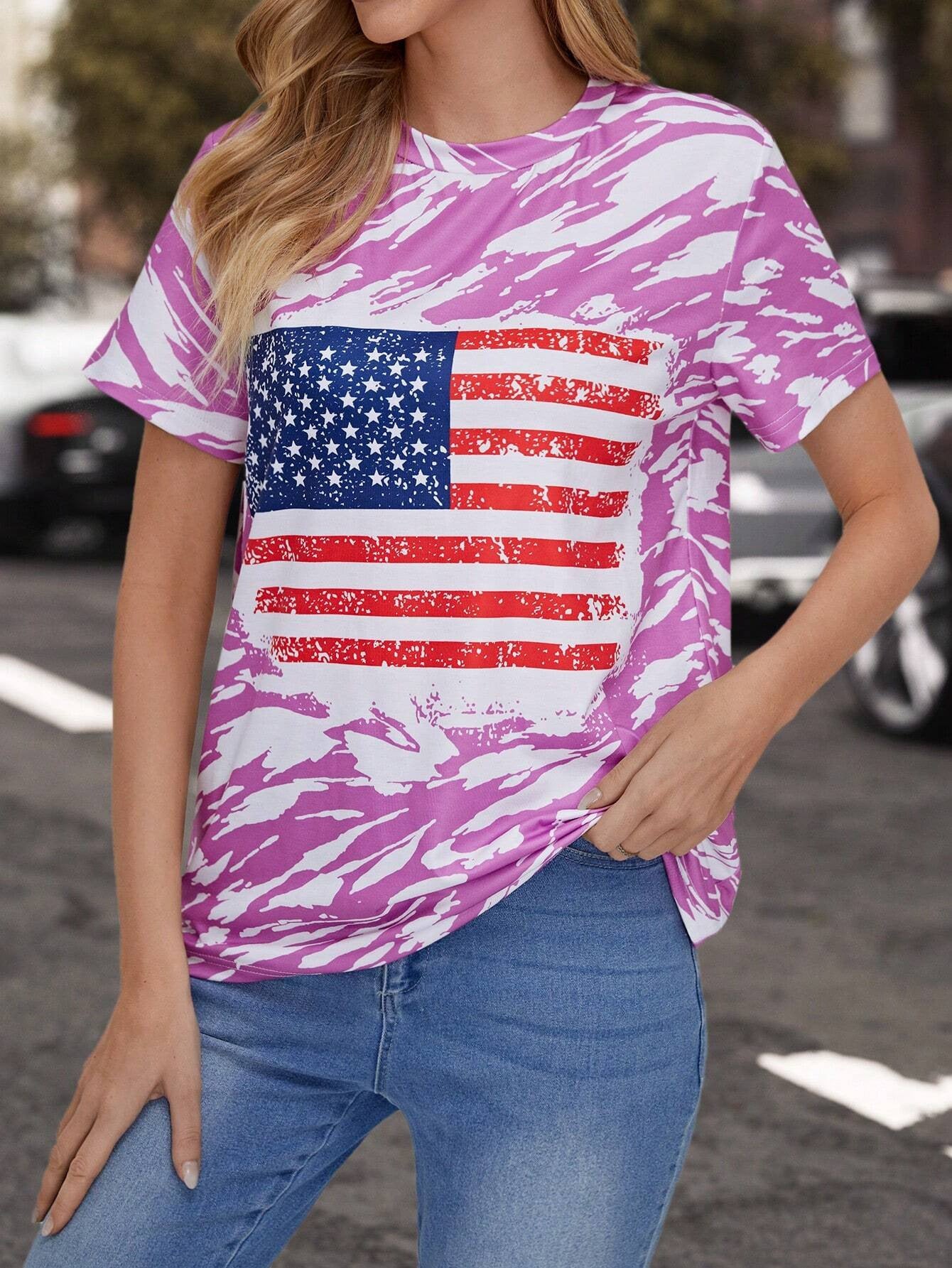 Flag Print T-shirt Crew Neck Casual