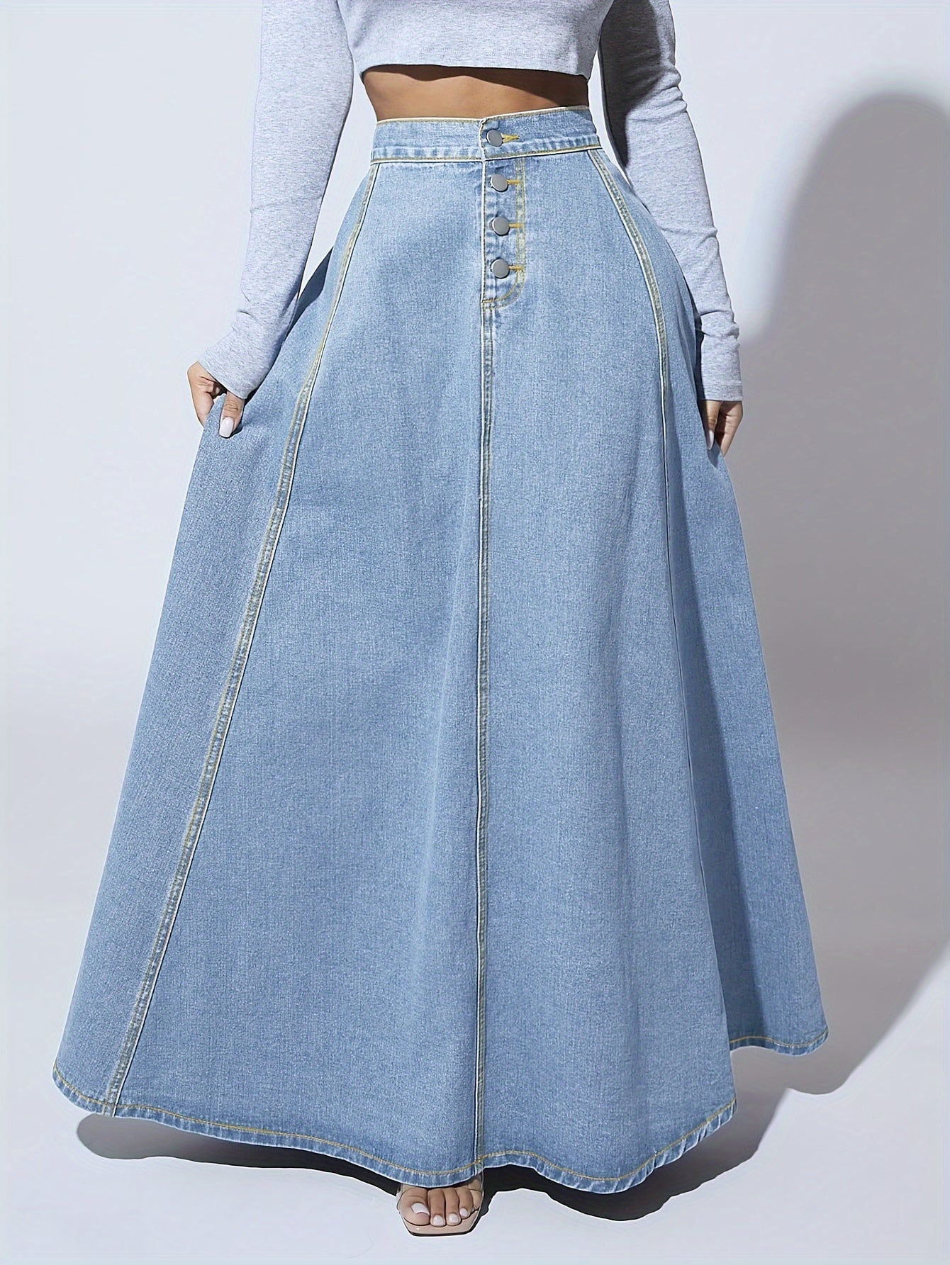 Retro High-Rise Washed Blue Denim Maxi Skirt