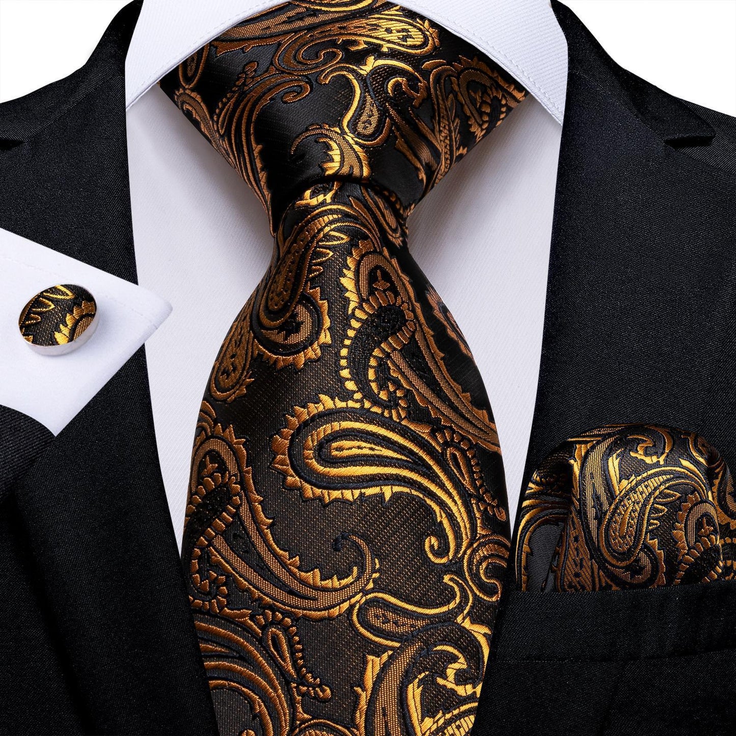 Men's Tie Luxury Black And Gold Striped Silk Woven