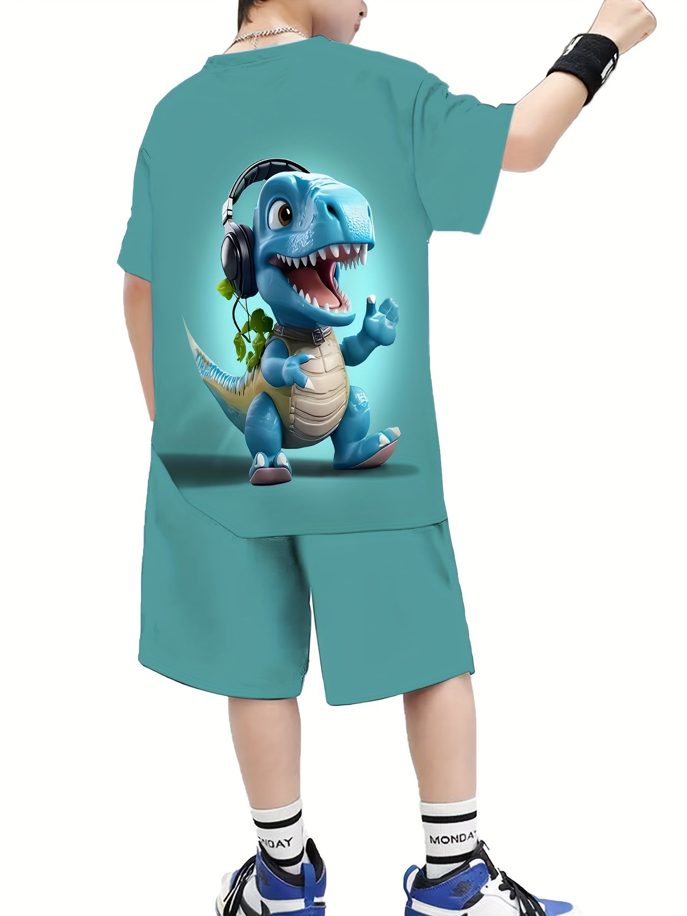 🦖 Boys' 2-Piece Dinosaur Headphone Graphic T-Shirt & Shorts Set – Fun & Comfy Summer Outfit 👕