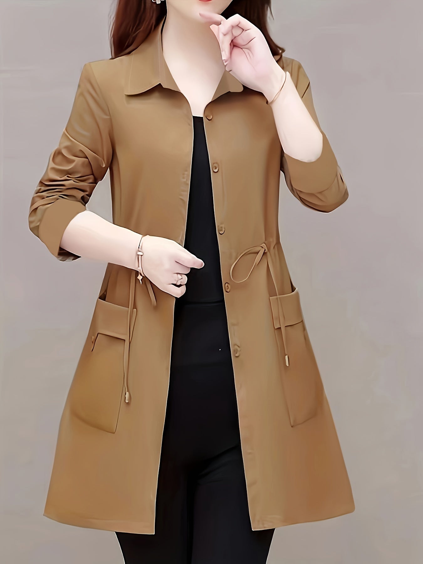 Elegant Solid Button-Front Shirt with Drawstring Tie Waist