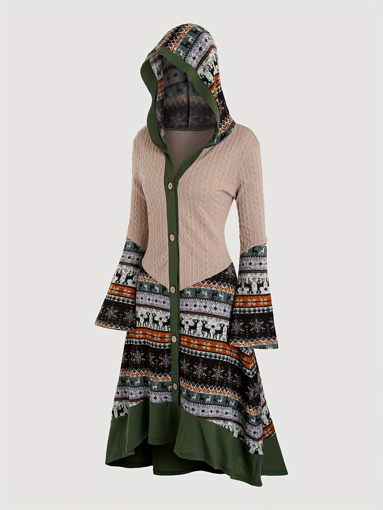 🦌 Elk Print Hooded Color Block Dress