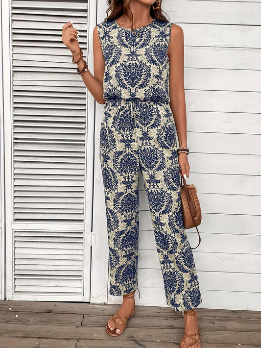 Floral Print Crew Neck Jumpsuit