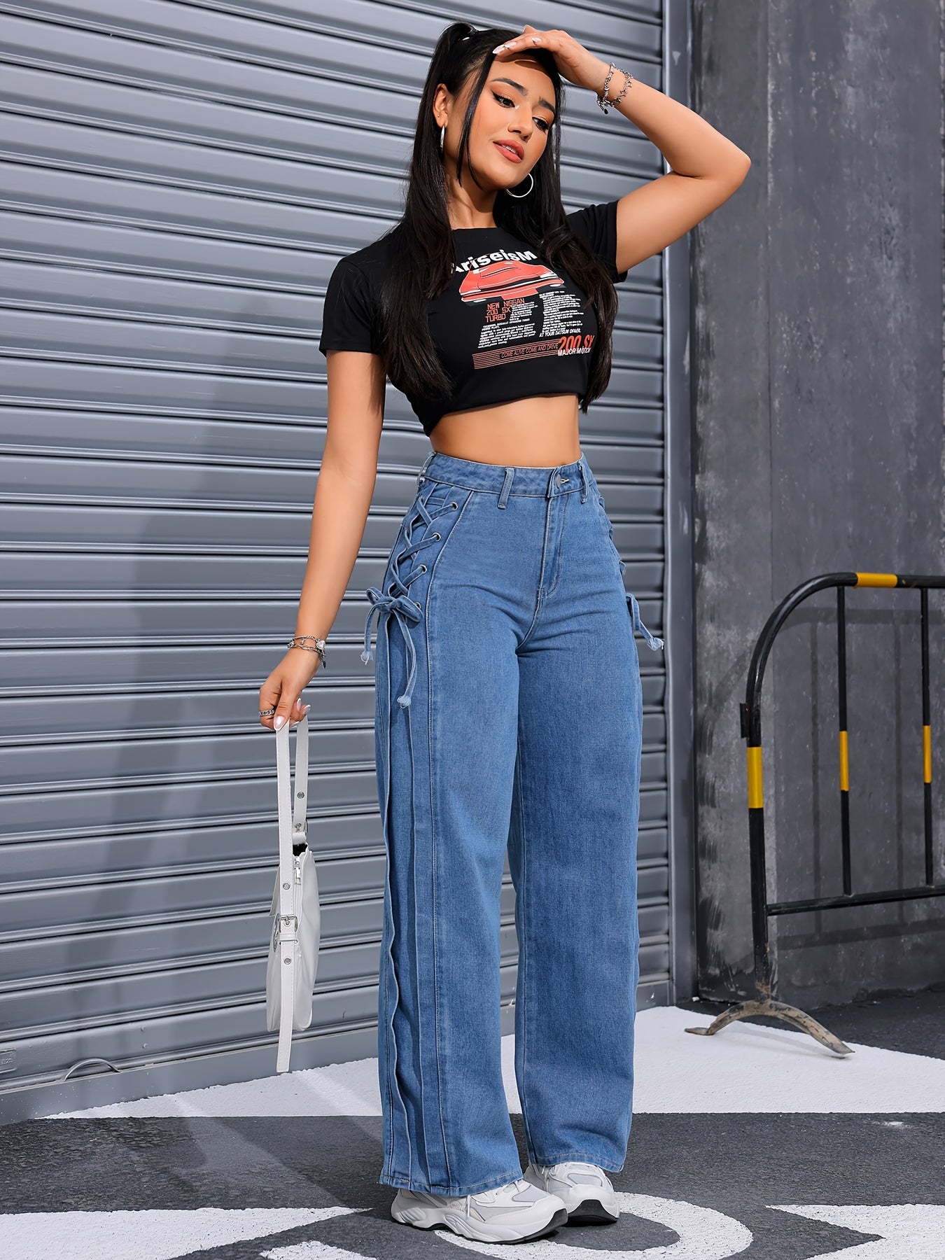 👖 Chic Lace-Up Side Wide Leg Denim Pants