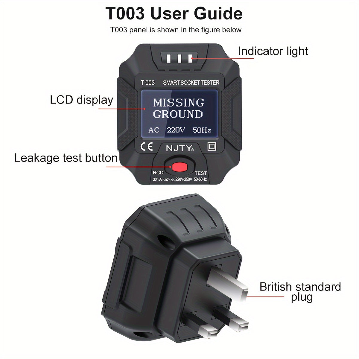 T003 British Standard  Socket Tester: Multi-Functional Appliance Socket Detector With Zero Fire & Ground Wire Detection