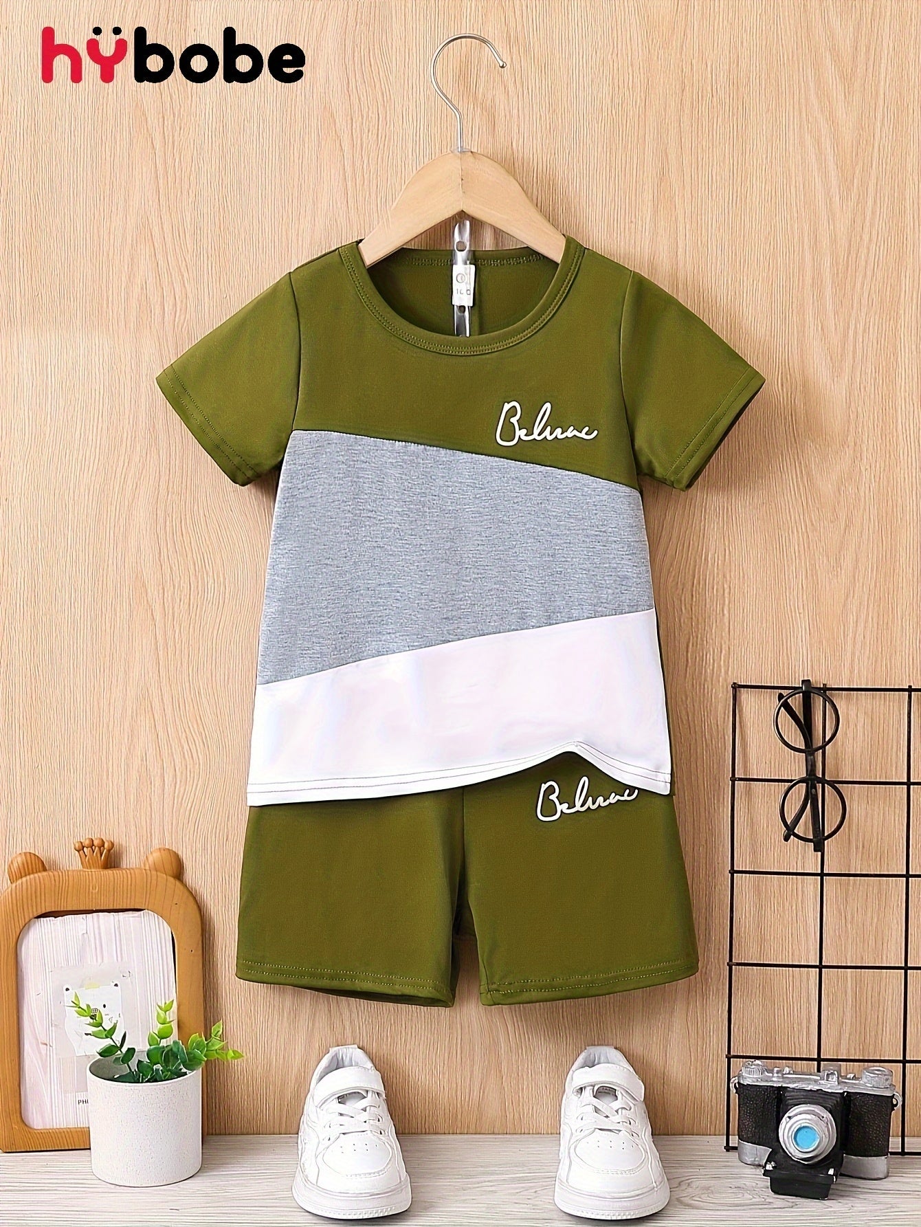 ✨ 2-Piece Boys' Casual "BELIEVE" Graphic Print Color Block T-Shirt & Shorts Set – Comfy Summer Outfit 🌟