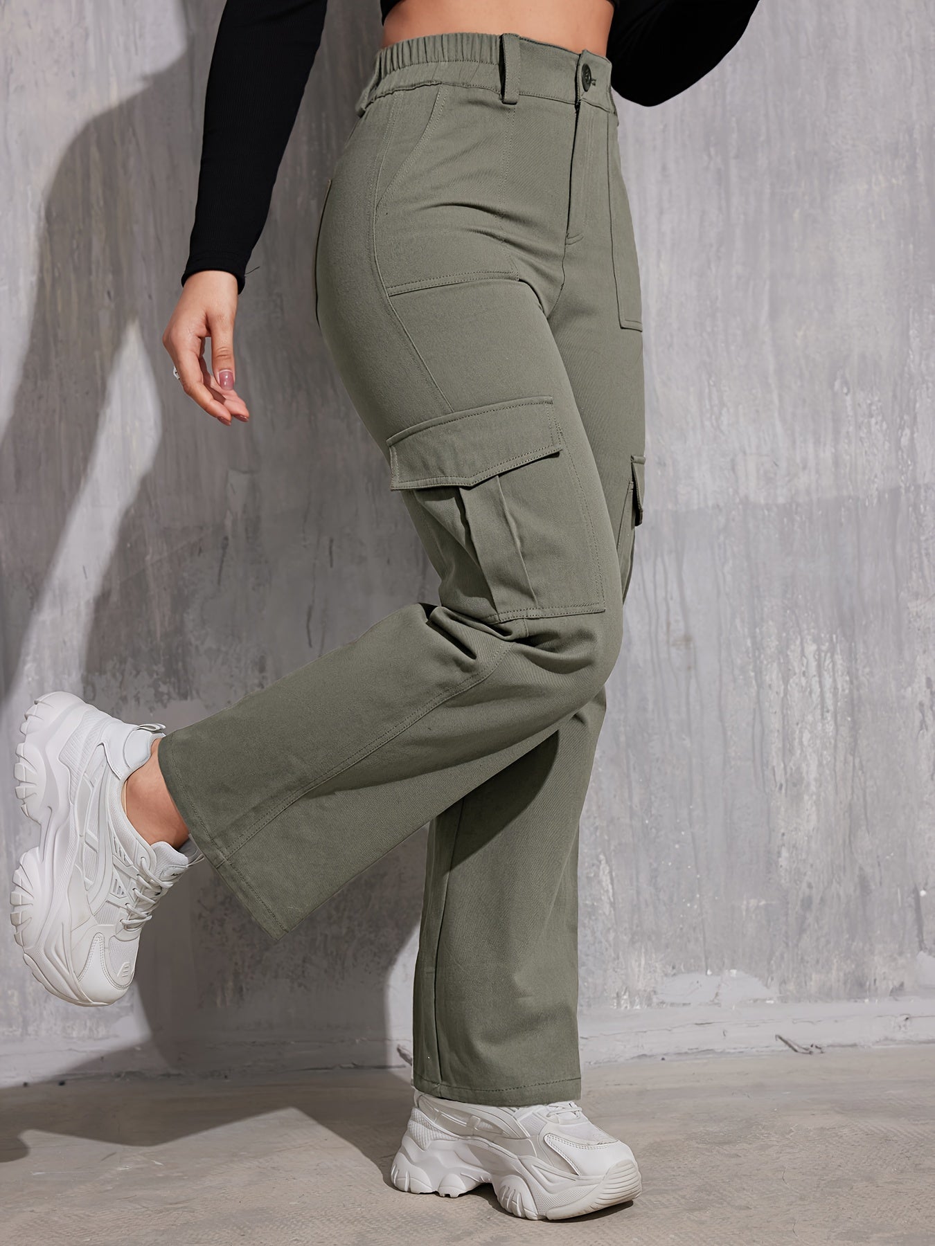 Solid Straight Leg Cargo Pants