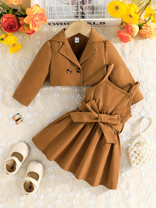 🌟 2pcs Baby's Trendy Solid Color Blazer + Belted Sundress Set - For Spring & Fall 🌼🍂