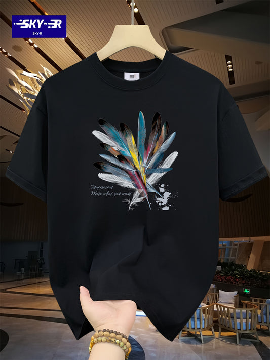 🦋 Men's Loose 100% Cotton Feathers Graphic Print T-shirt 🦋