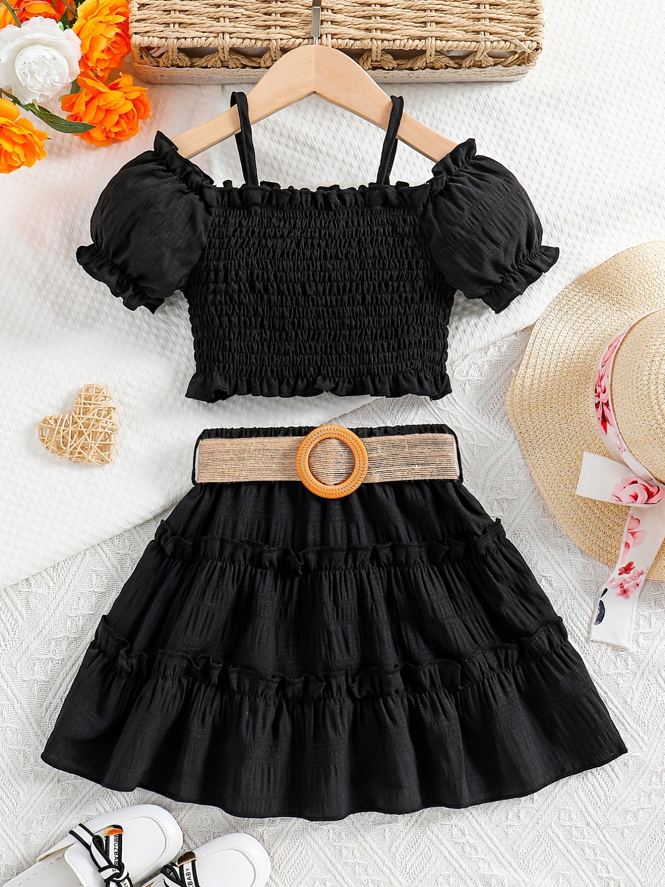 🌞 Girls' Elegant Cute Cami Off-Shoulder Ruffled Top & Skirt Set 👗