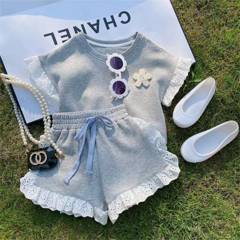 Girls' Cotton Summer Short Sleeve Shorts Suit