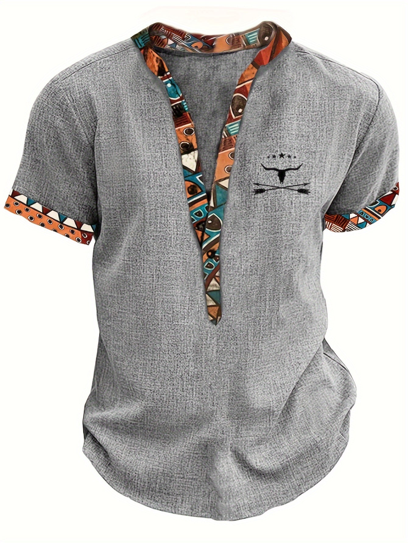 Men's Bull Skull & Ethnic Geometric Print Henley Shirt 🐂✨