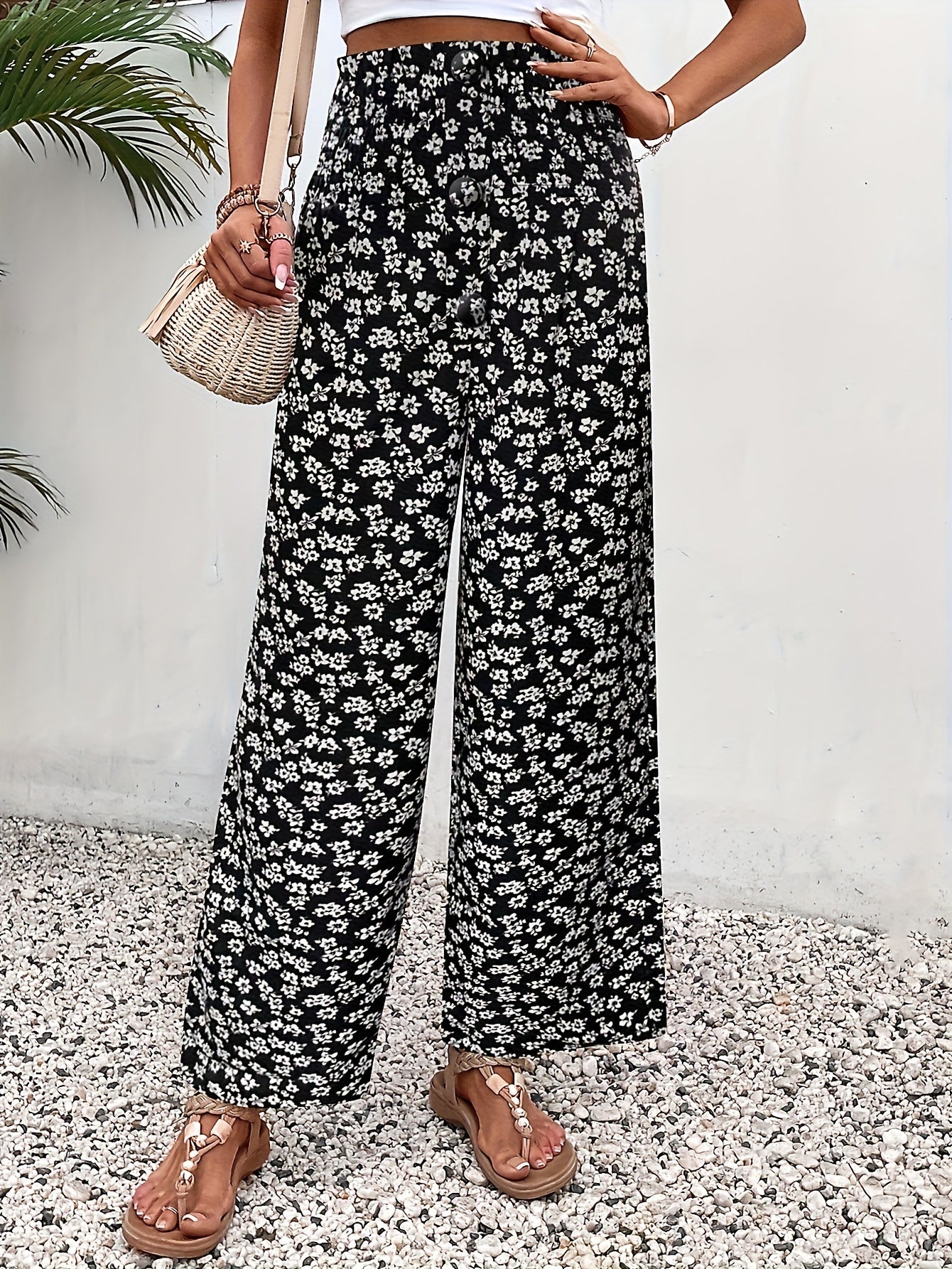 Vacation-Ready Floral Print Wide Leg Pants