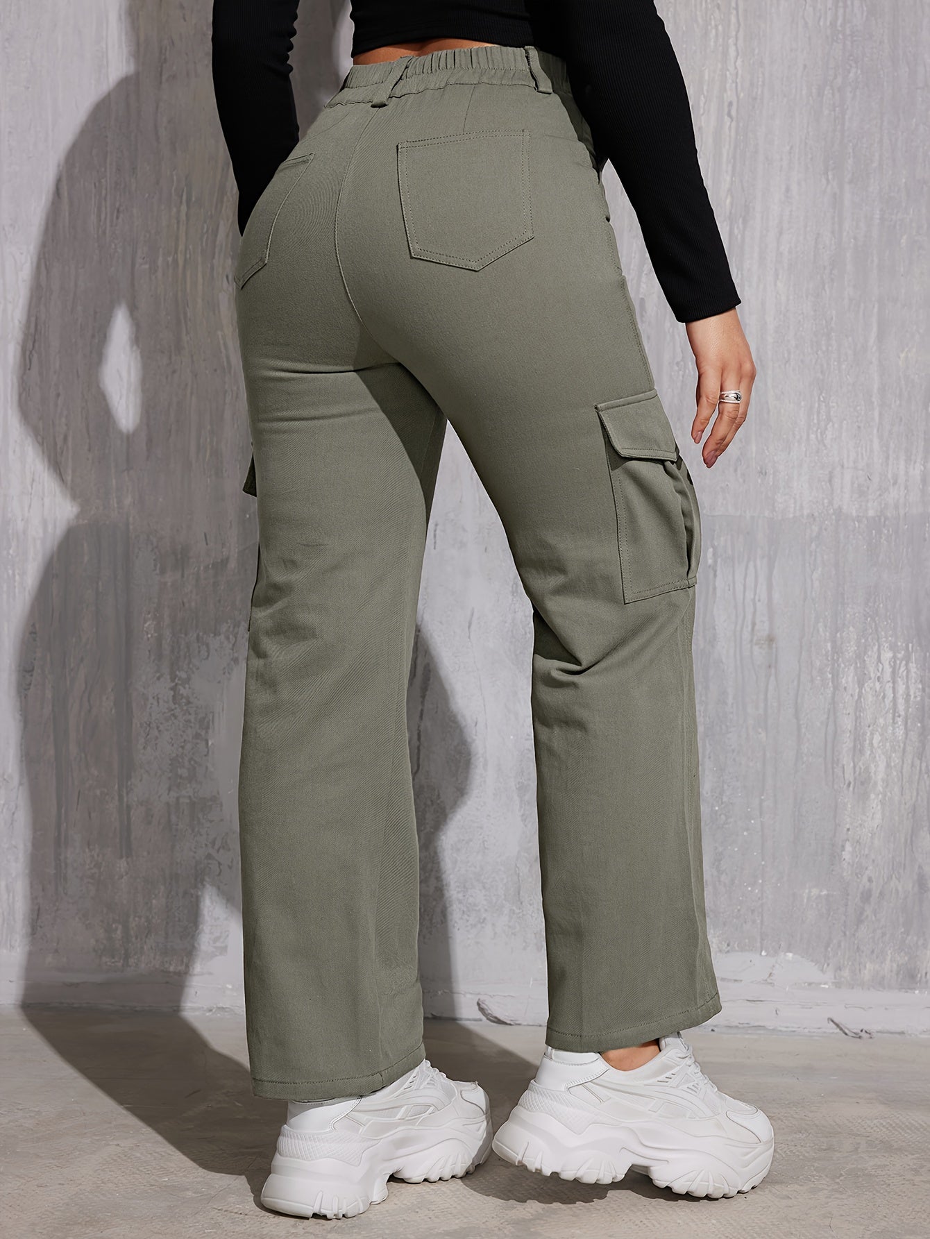 Solid Straight Leg Cargo Pants