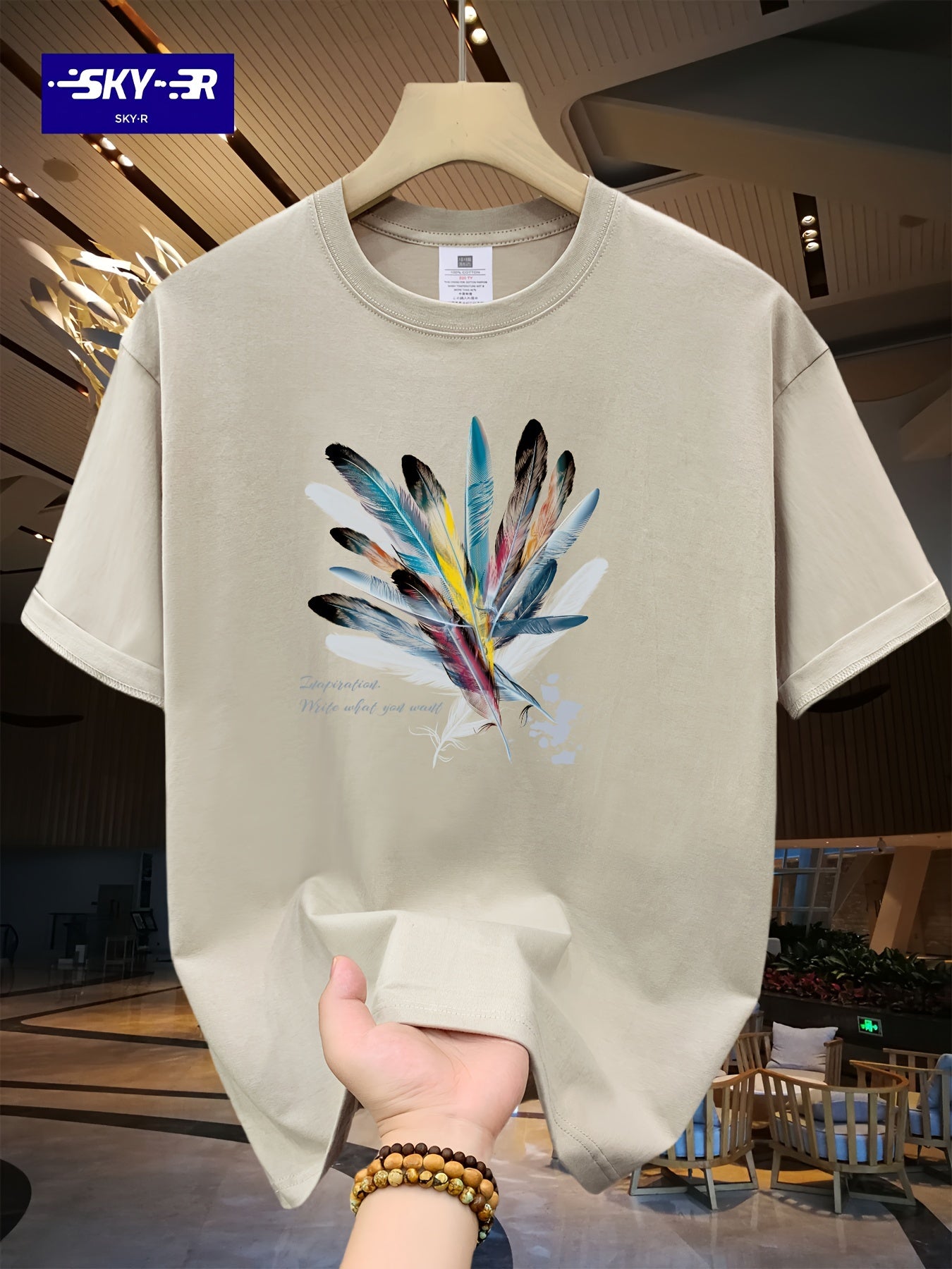 🦋 Men's Loose 100% Cotton Feathers Graphic Print T-shirt 🦋