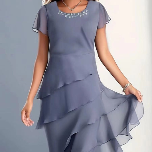 Chiffon Patchwork Round Neck Short Sleeve Dress Women