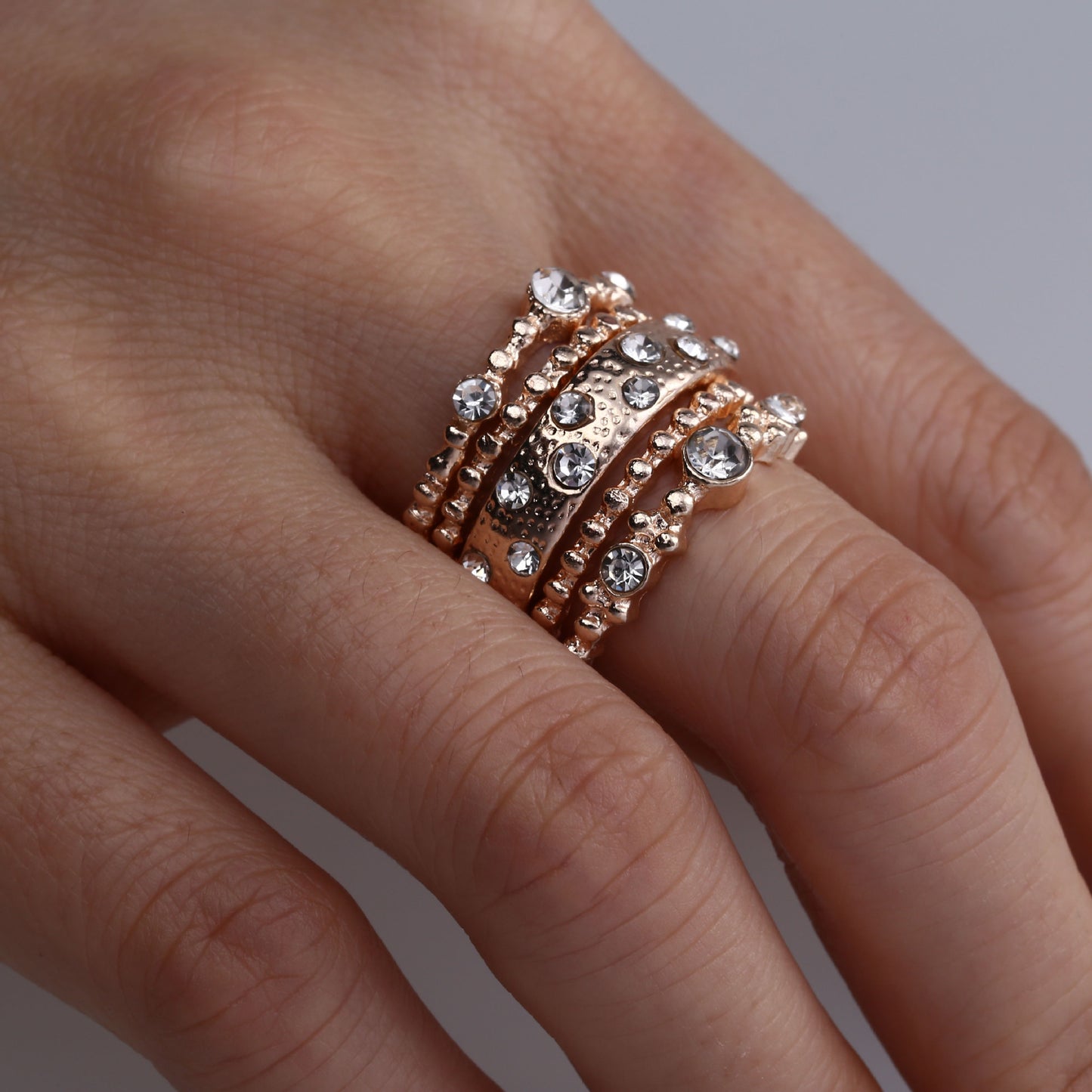 Euro Glam Rose Gold Diamond Stackable Rings: Set of Five Elegant Jewelry Pieces