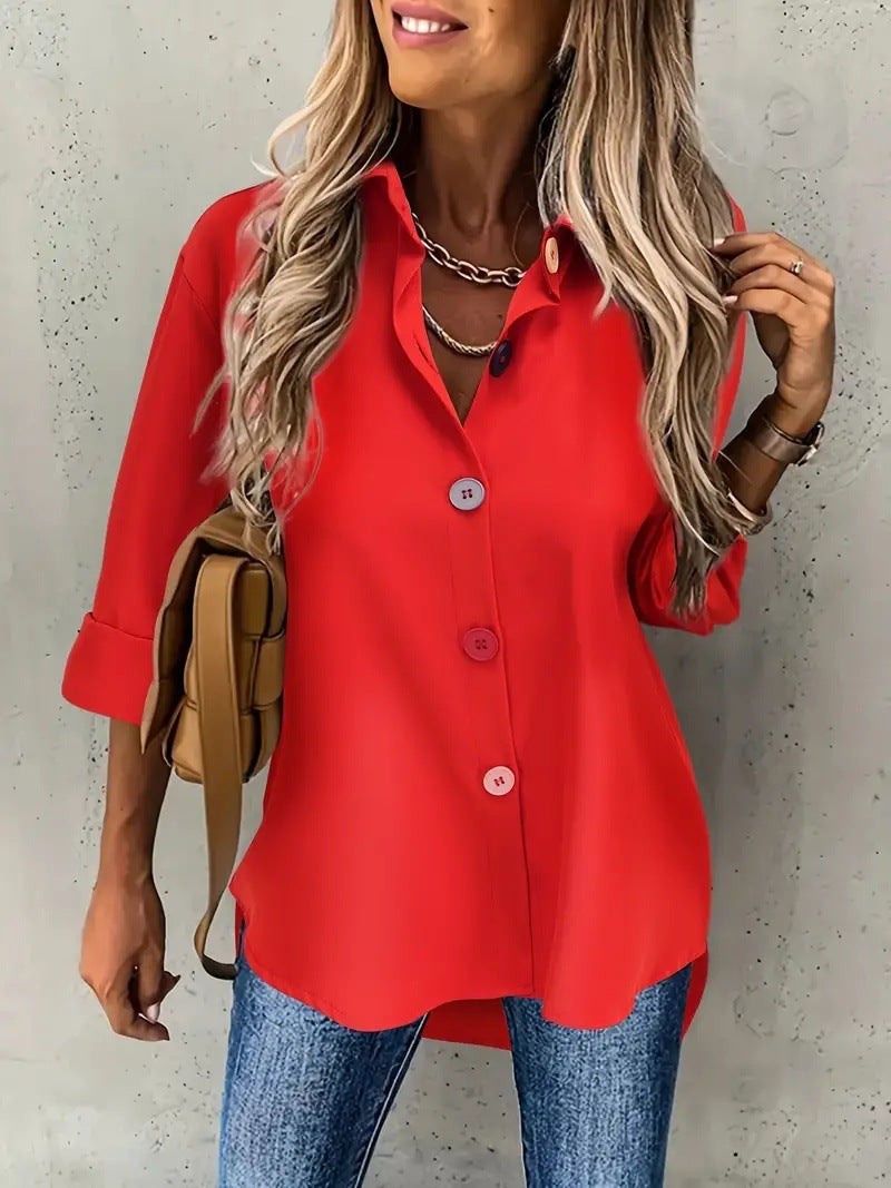 Casual Women's Solid Color Buttons Long Sleeve Shirt Top