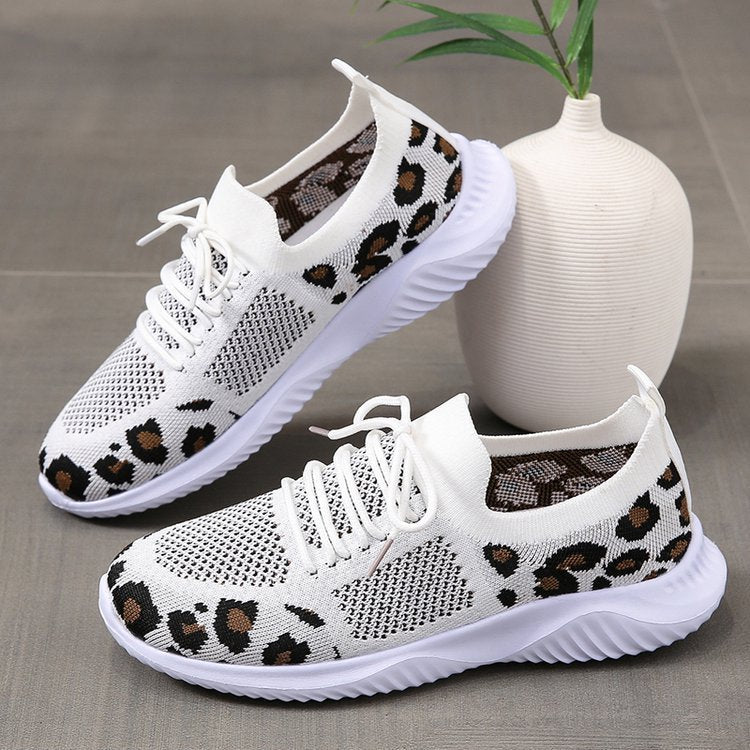 White Shoes Women Leopard Print Lace-up Sneakers Sports