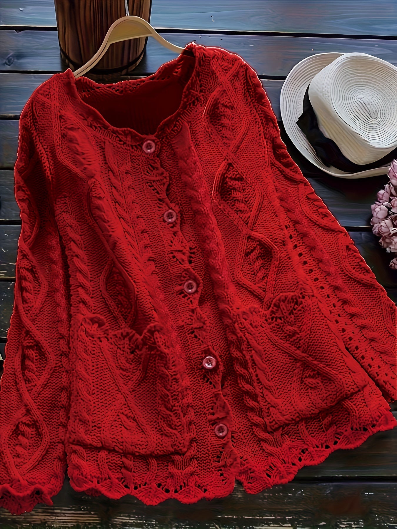 Plus Size Solid Color Cable Knitted Cardigan 🧶