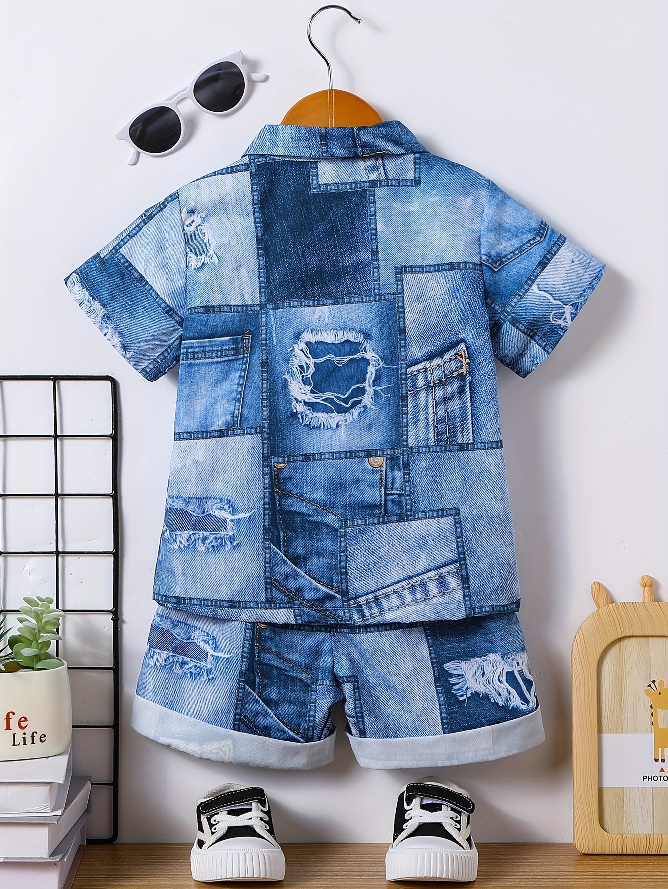 👖 2-Piece Boys' Casual Imitation Denim Shirt & Shorts Set – Cool & Comfy Summer Outfit 🌟