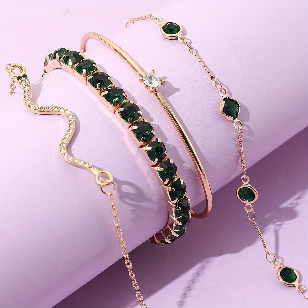 Elegant Green Imitation Gemstone Claw Chain Snake Bracelet Set 🍃✨