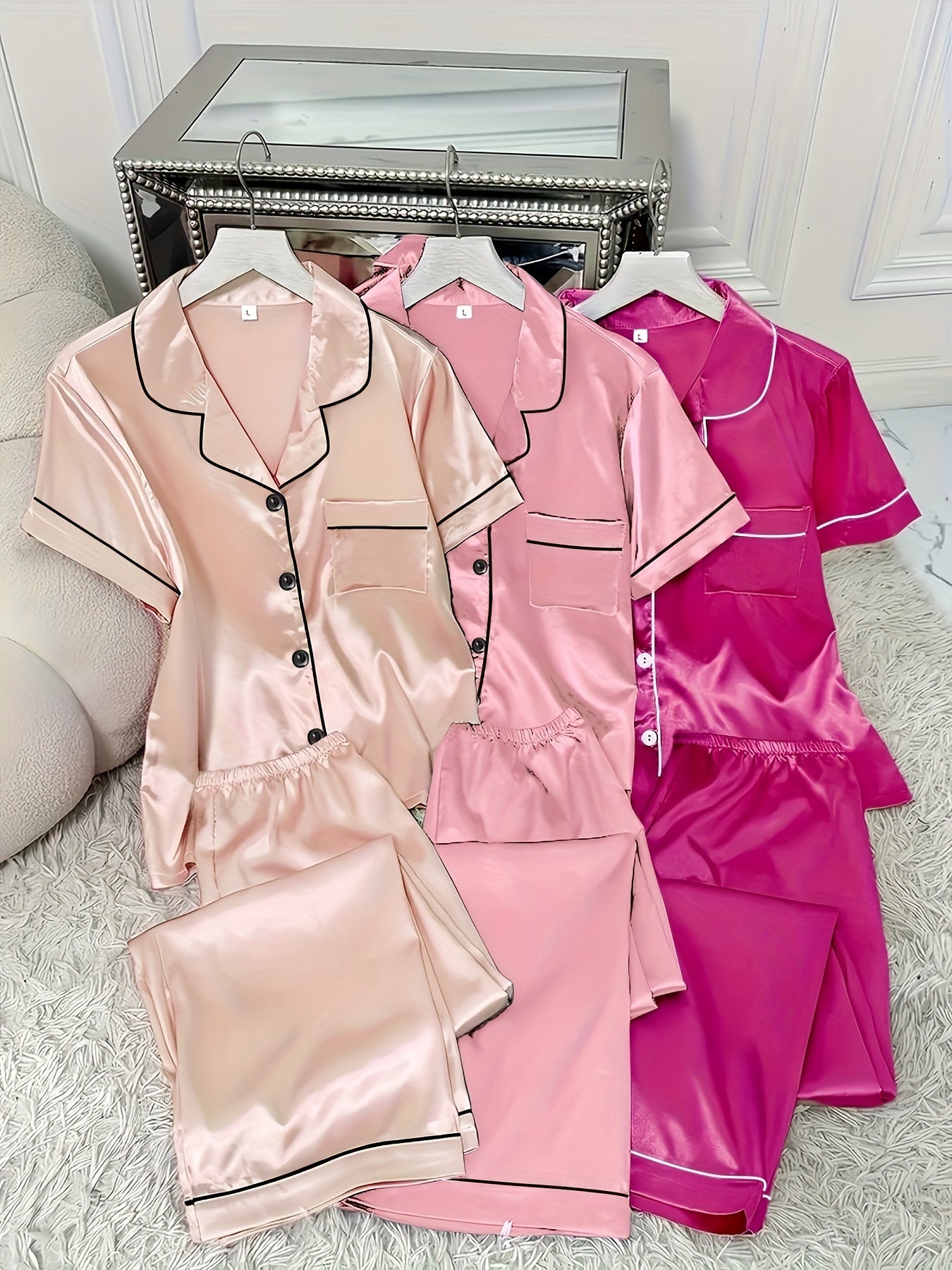 3 Sets Women's Solid Satin Casual Pajama Set ✨