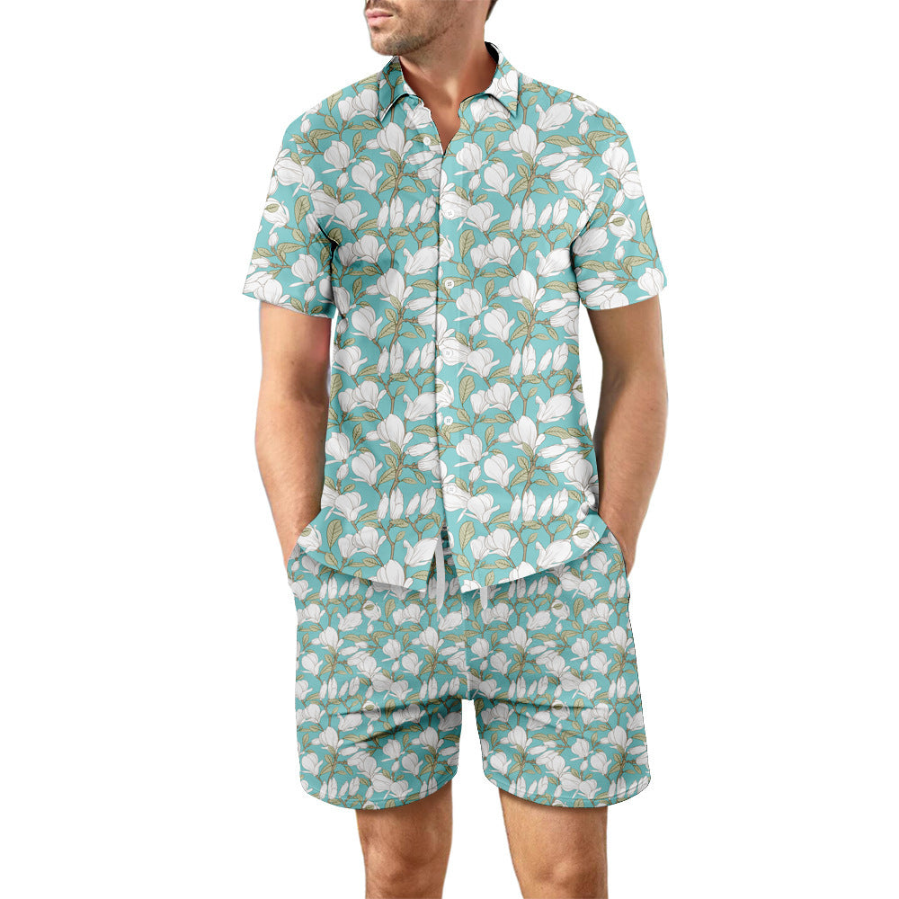 Surf Style Printed Beach Shirt Summer Suit: Loose Button Top and Drawstring Shorts Set