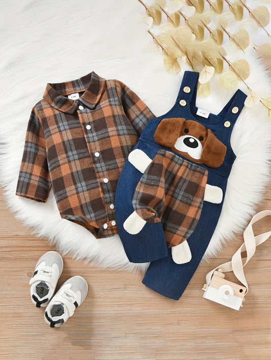 👶 Baby Boy Cute Outfits - Long Sleeve Plaid Bodysuit Romper & Overalls Jumpsuit Set (0-18 Months)