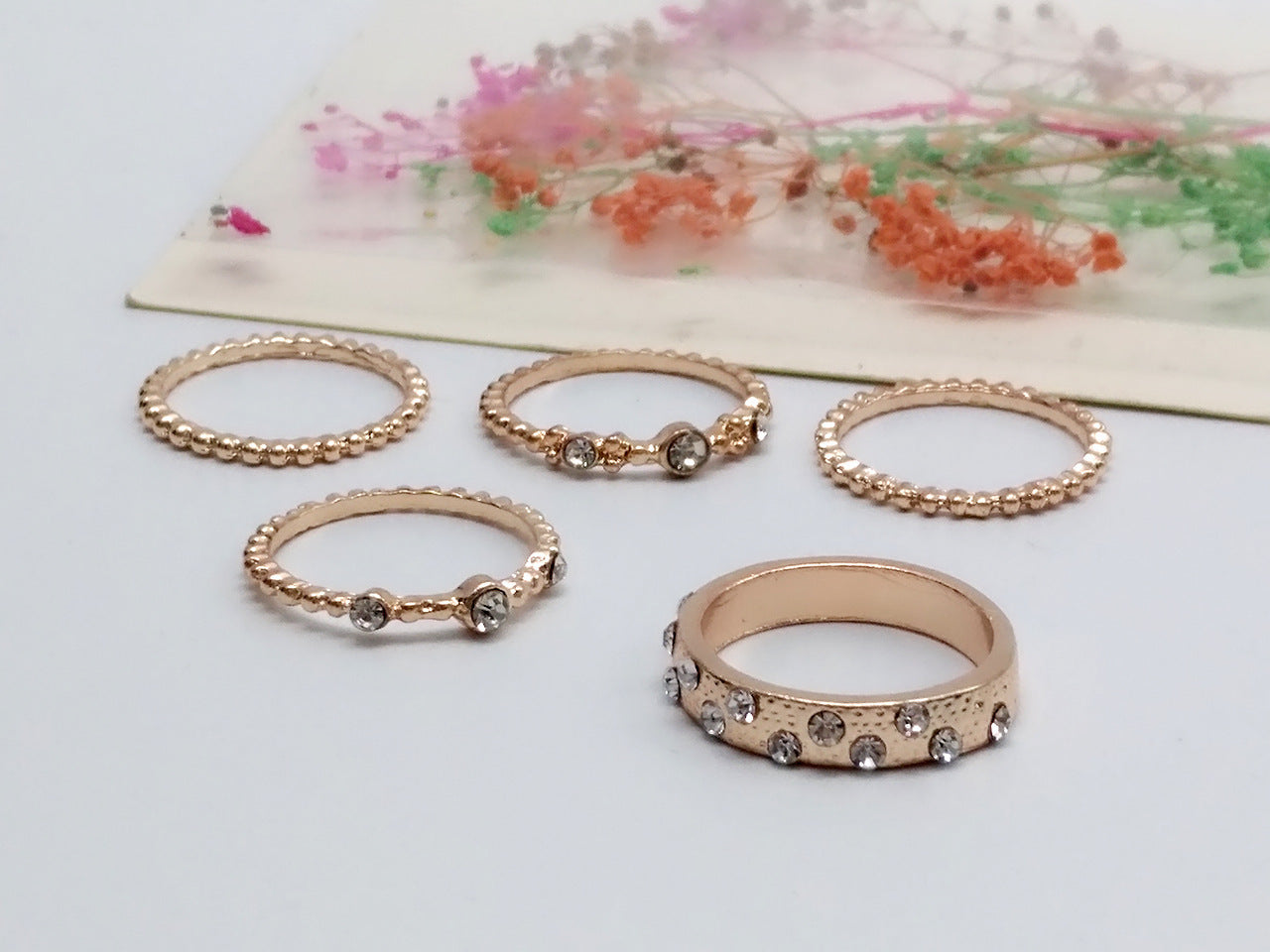 Euro Glam Rose Gold Diamond Stackable Rings: Set of Five Elegant Jewelry Pieces