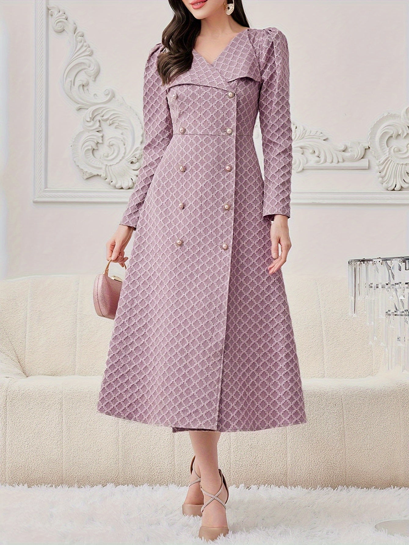 🌸 Textured Double-Breasted Lapel Neck Dress 💃