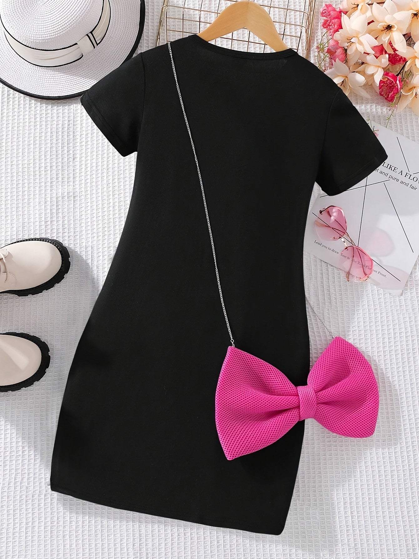 🎀 Girls' Letter T-Shirt Dress & Bow Bag Set – Sweet & Stylish Summer Outfit 👗