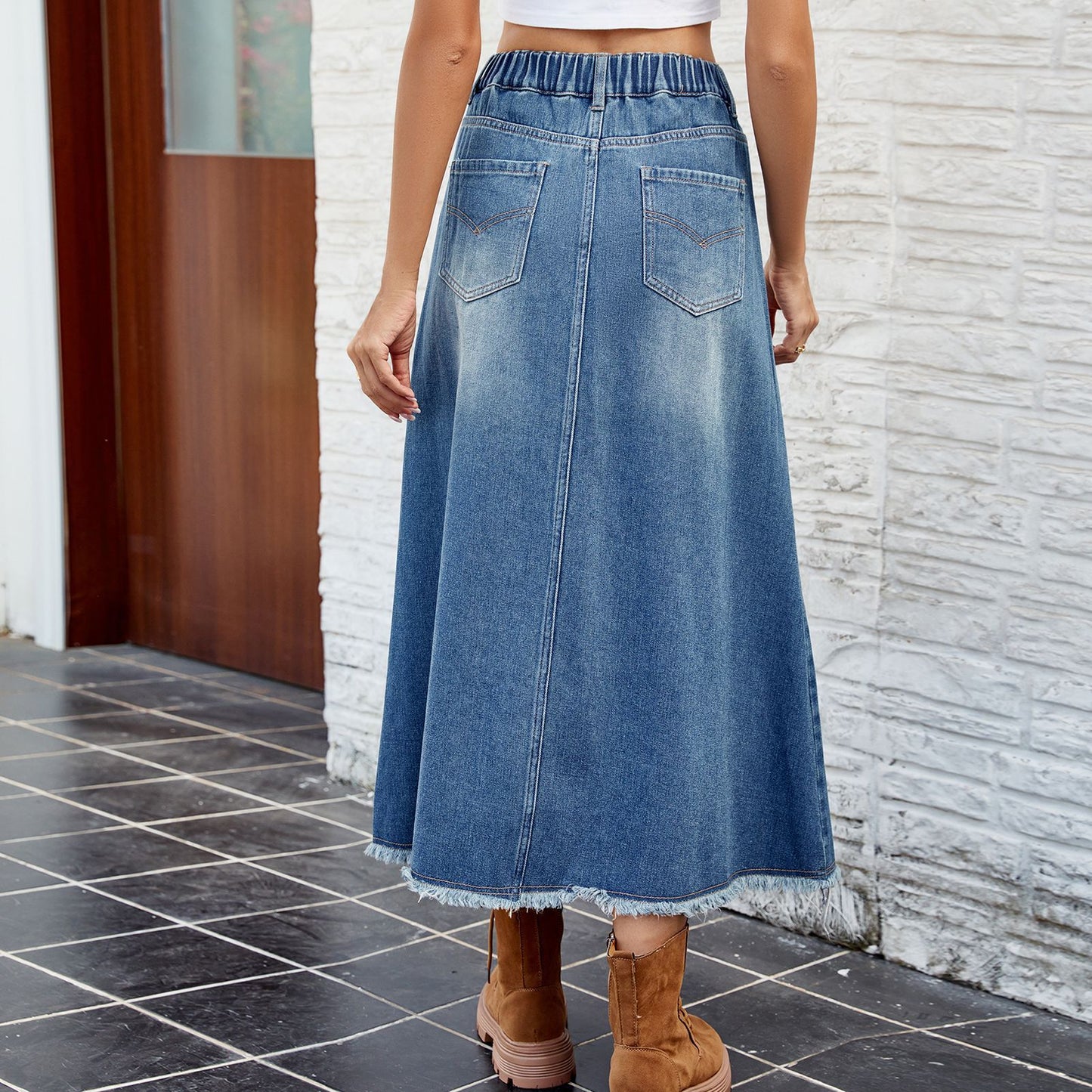 European And American Washed Frayed Hem Denim Skirt Midi Skirt