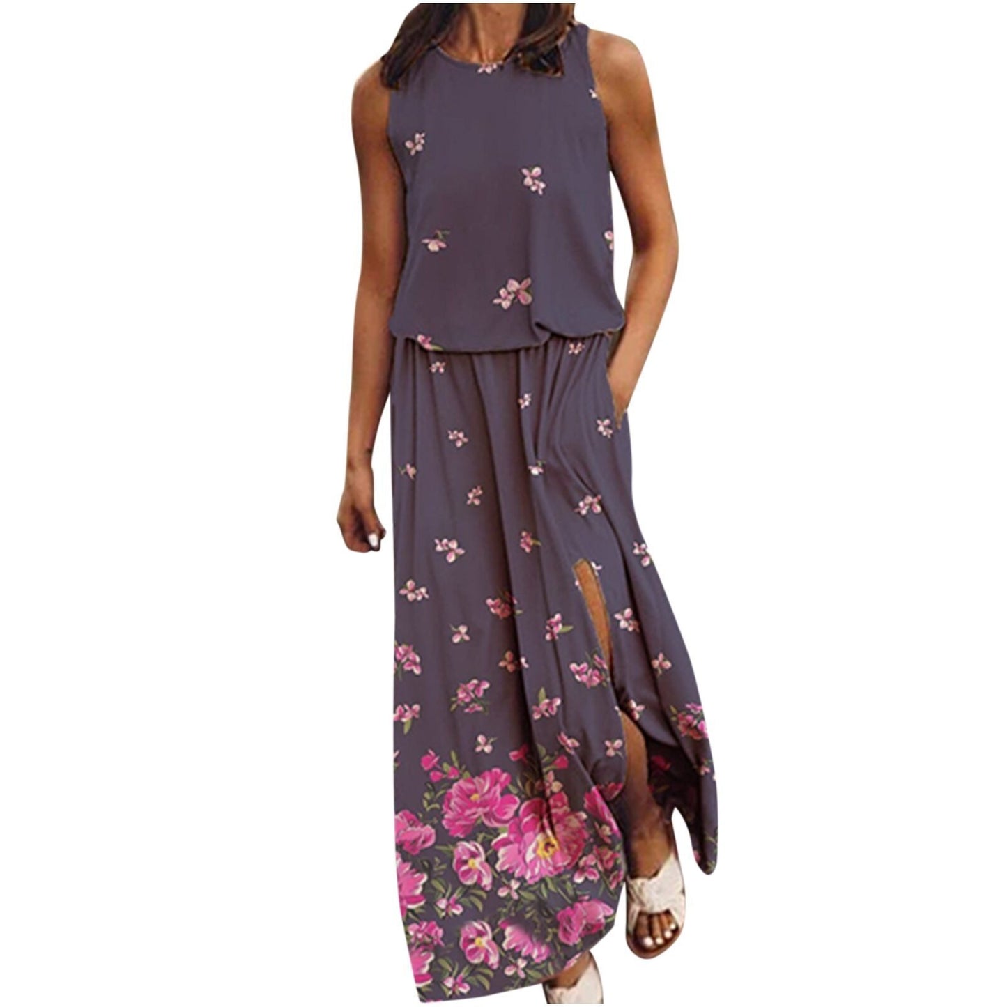 Stitching Printing Sling Long Women's Loose Split Dress