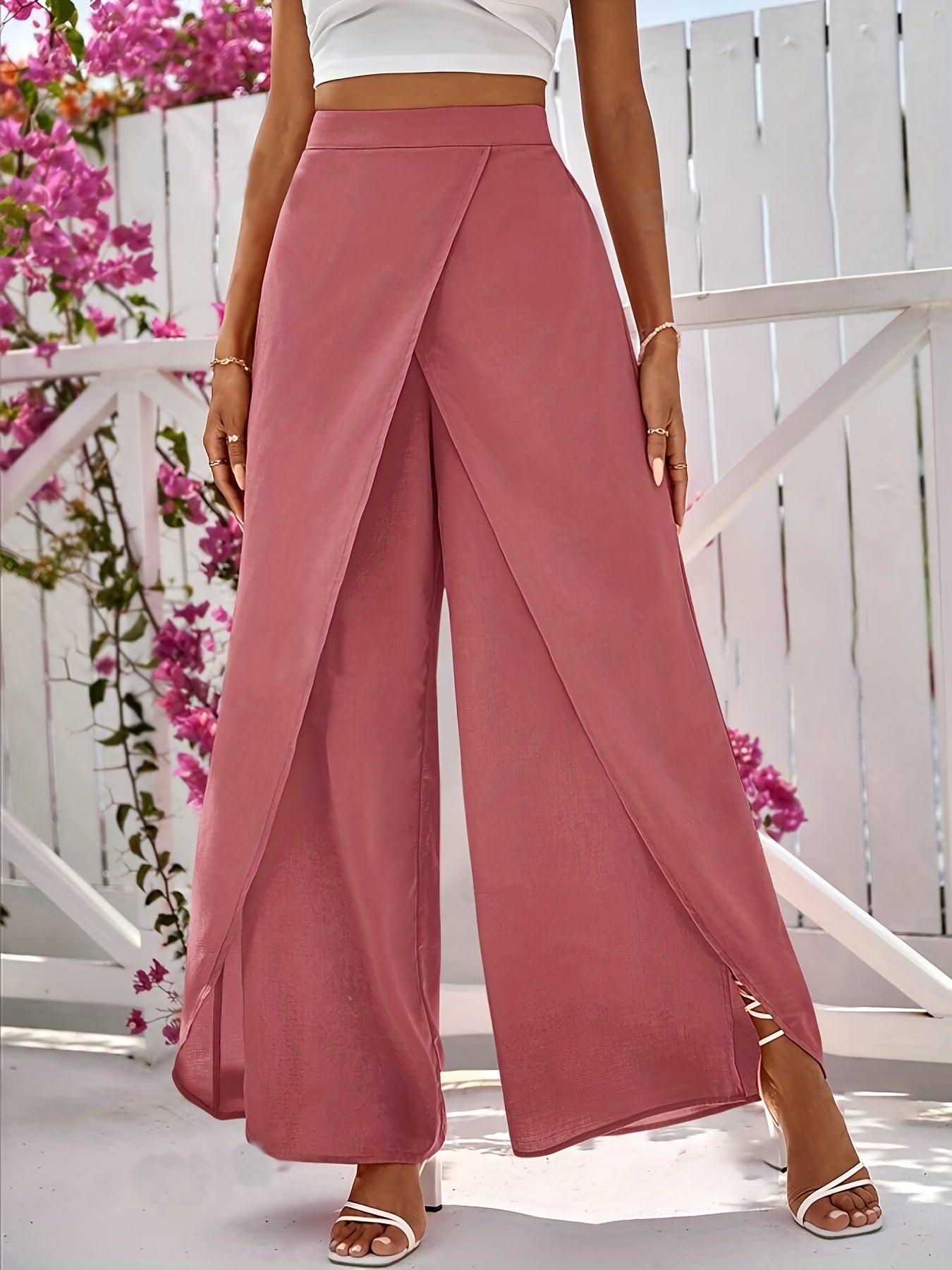 Elegant Wrap Solid Color Wide Leg Pants