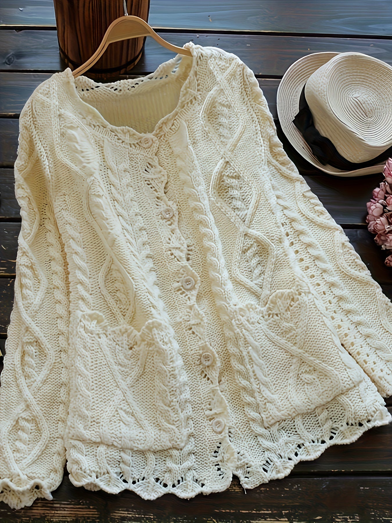 Plus Size Solid Color Cable Knitted Cardigan 🧶