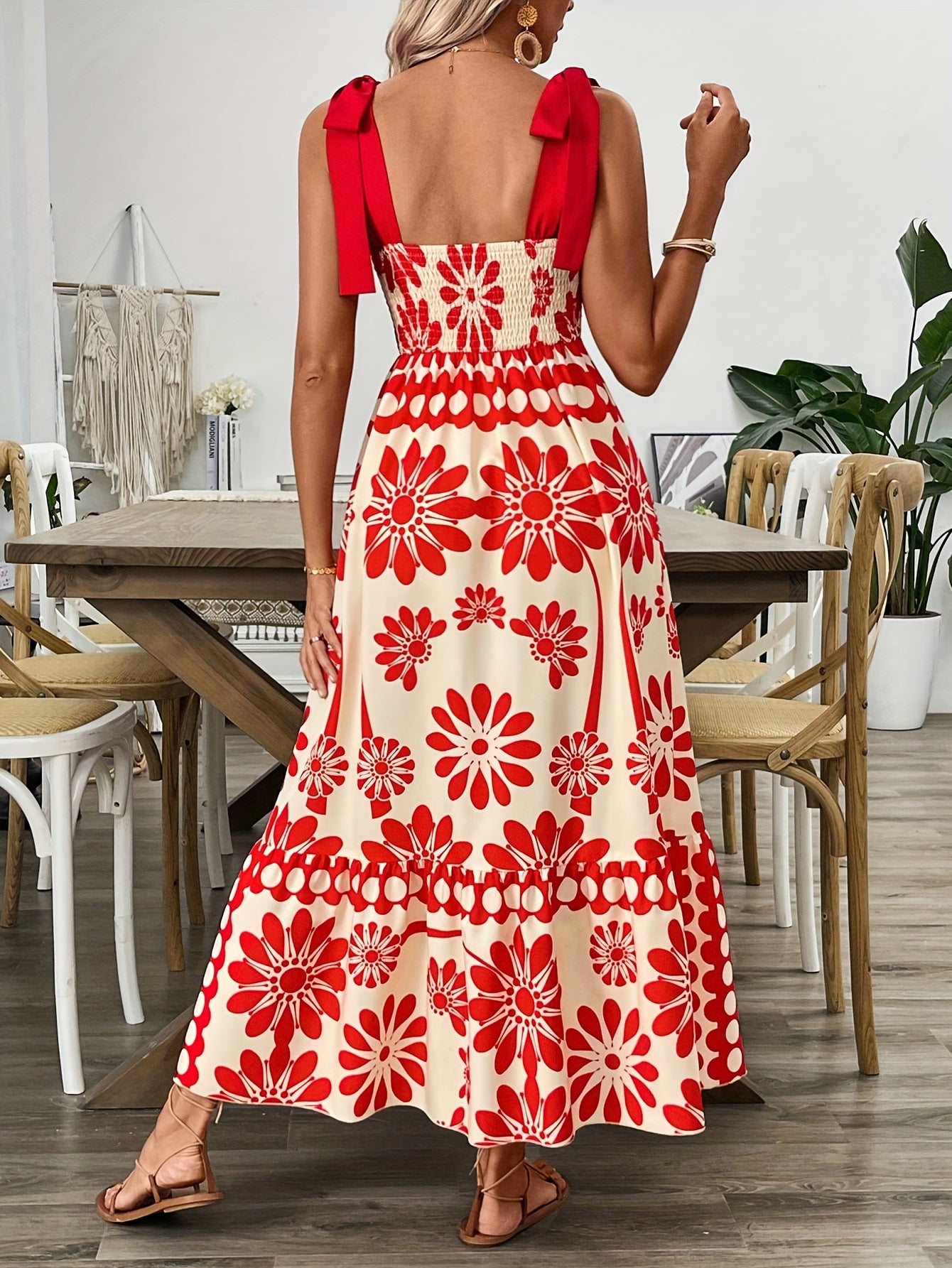 🌼 Ethnic Print Tie Shoulder A-Line Maxi Dress