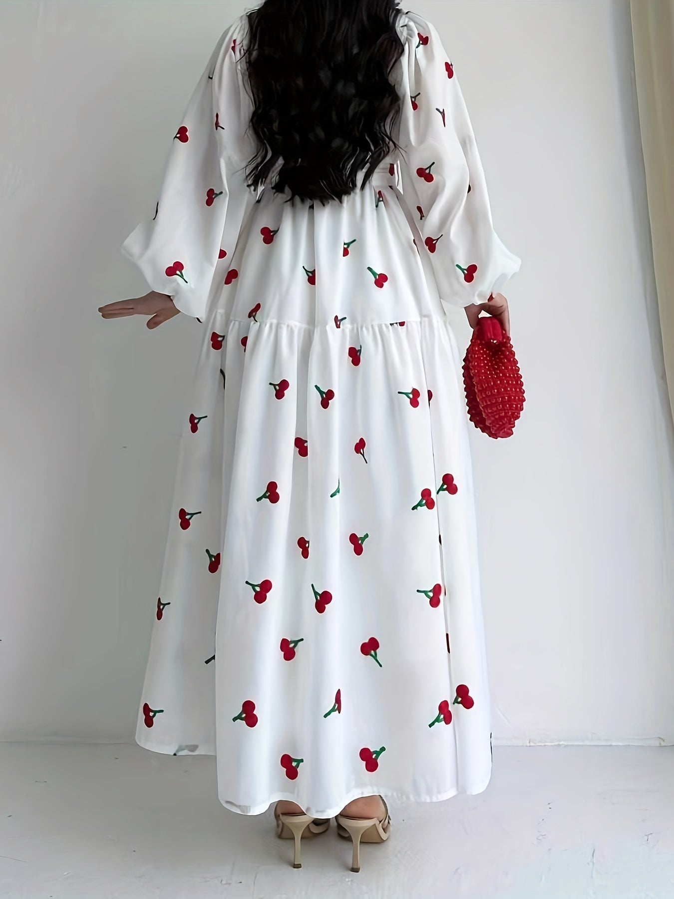 Cherry Print Lantern Sleeve Maxi Dress