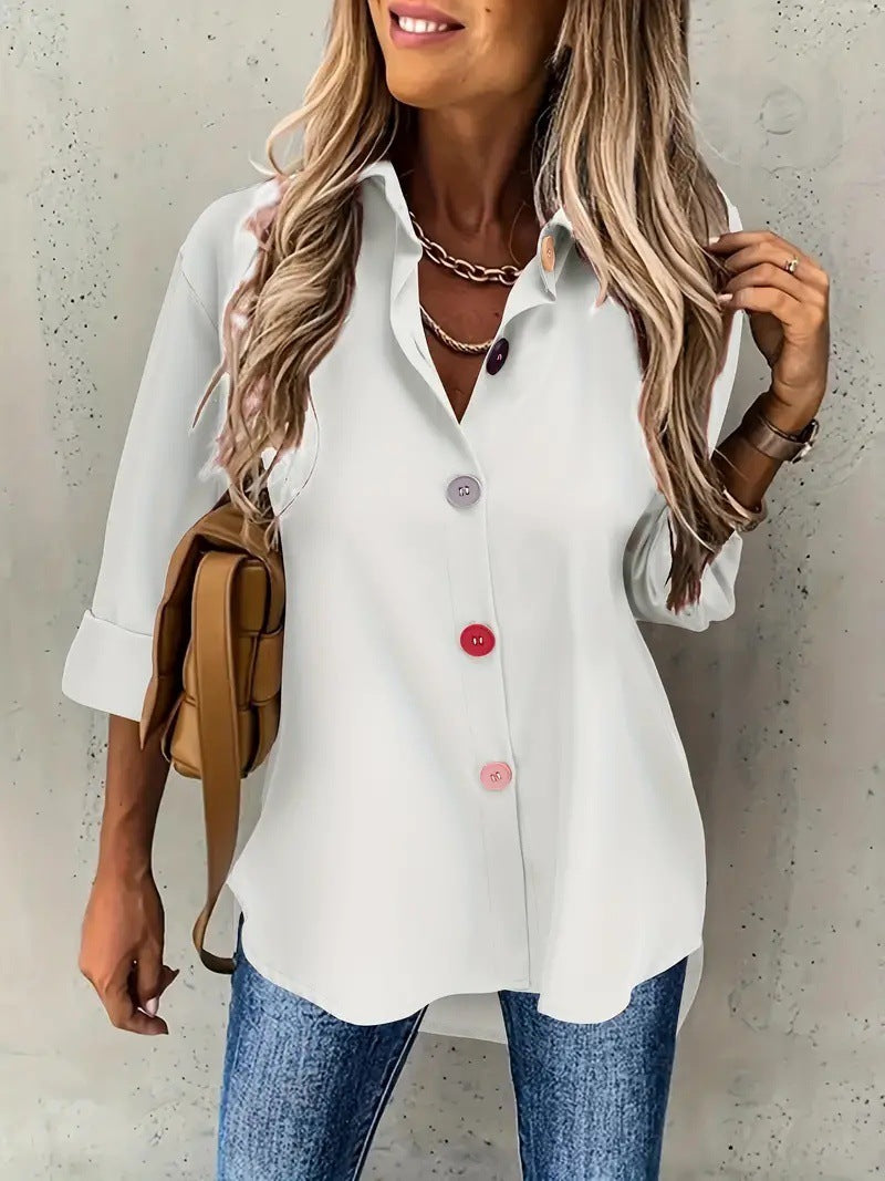 Casual Women's Solid Color Buttons Long Sleeve Shirt Top