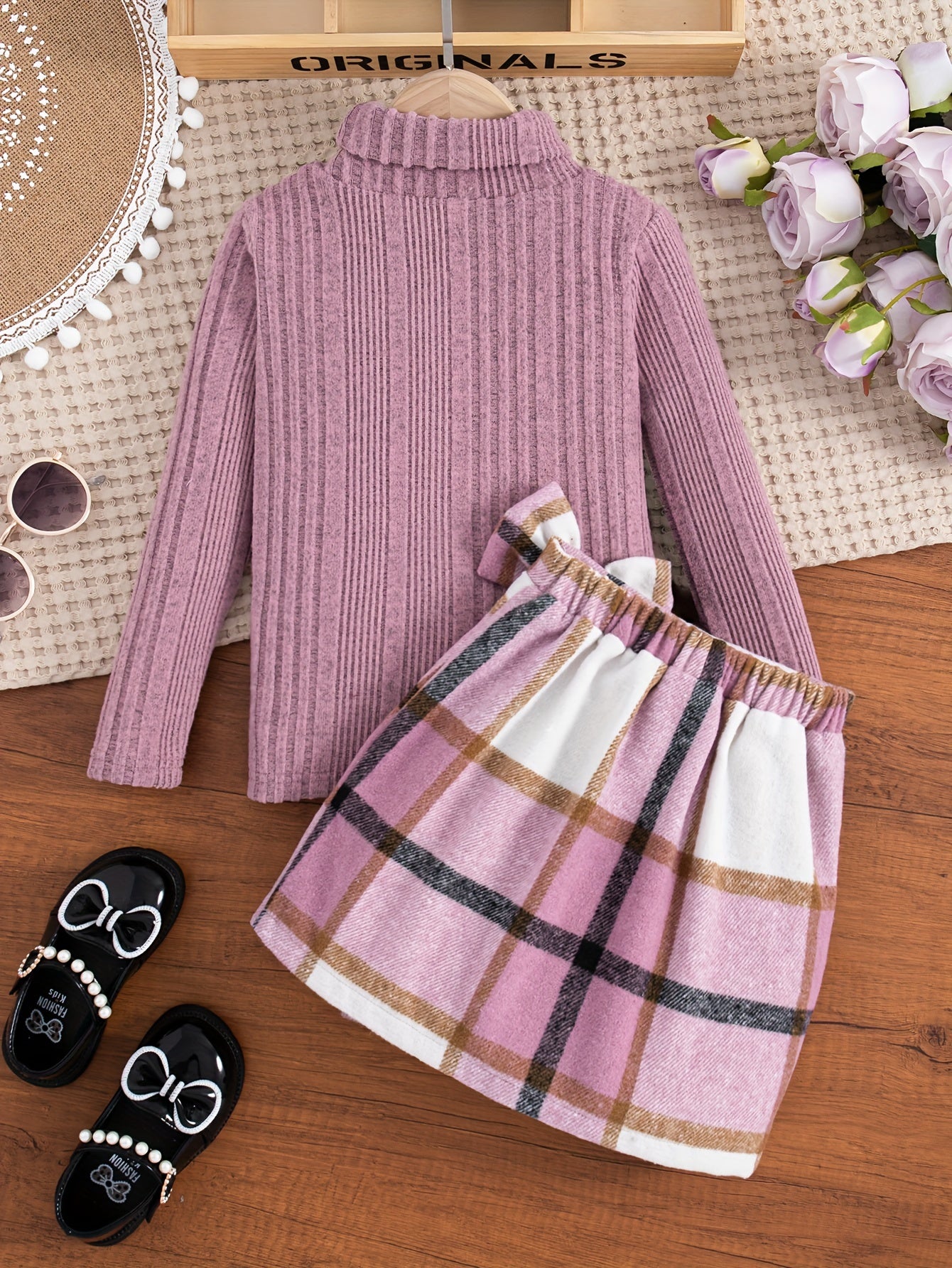 🍂 Elegant 2PCS Girls' Outfit Set: Solid Turtleneck Pullover + Plaid Skirt 🎀