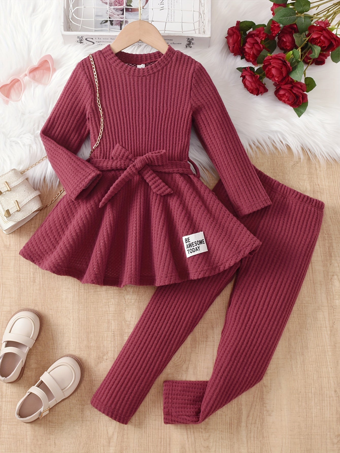 💖 Girls' Casual Waffle Knit Pullover Top with Bow and Long Sleeve Pants Set