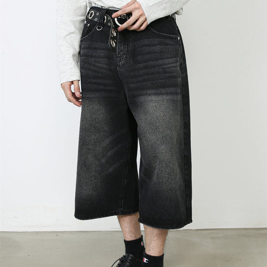 American Black Gray Loose Trousers Loose Denim Cropped Pants